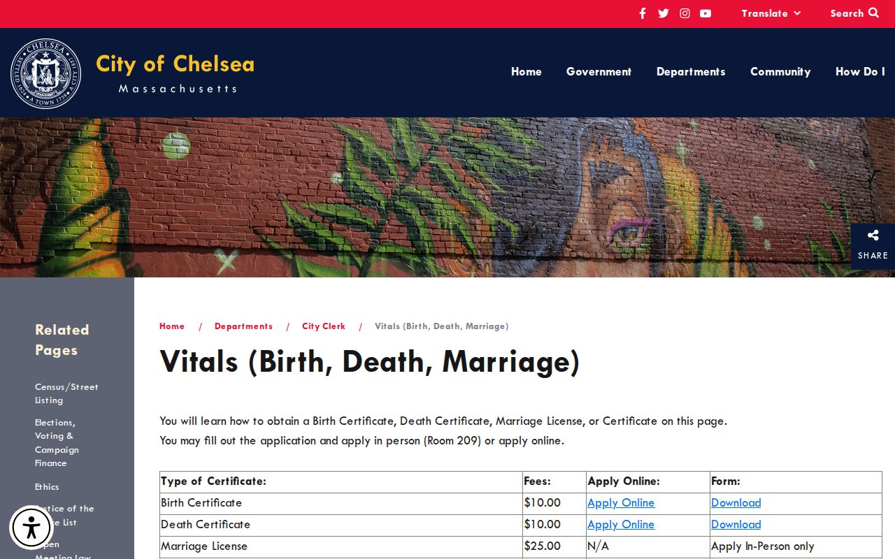 Chelsea residents directory City Clerk vital records instructions