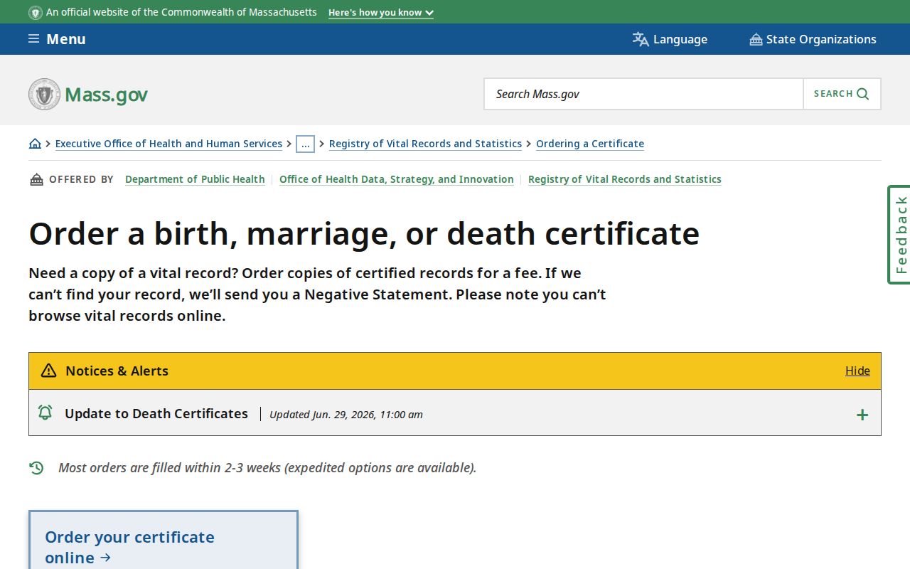 Chelsea residents directory Massachusetts vital certificate ordering route